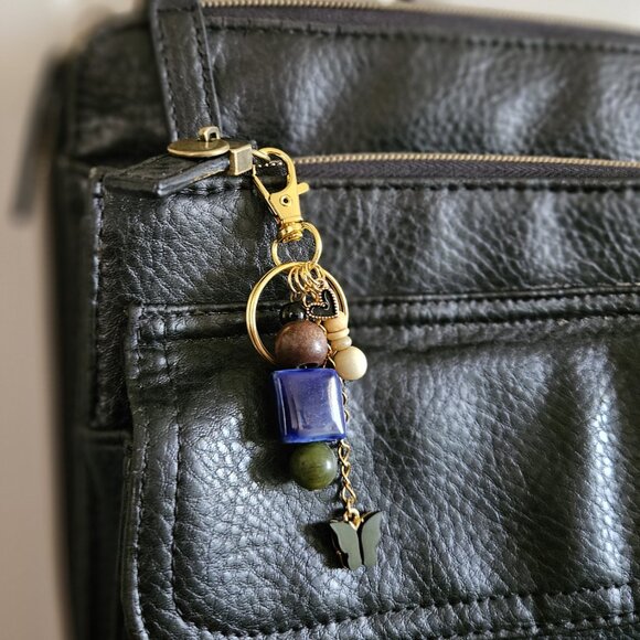 Blue Beaded Keychain with Black Butterfly and Heart Charms - Picture 5 of 8